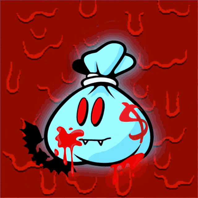 a cartoon illustration of a bag of money with a vampire face