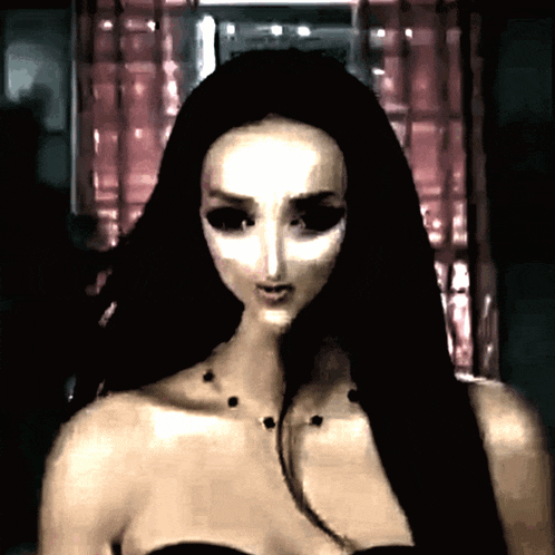 a woman with long black hair is wearing a black dress