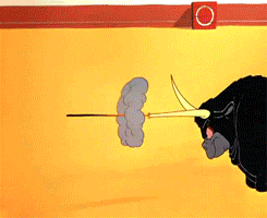 a cartoon bull with a sword in its mouth