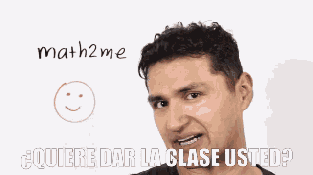 a man in front of a white board with math2me written on it and a smiley face drawn on it