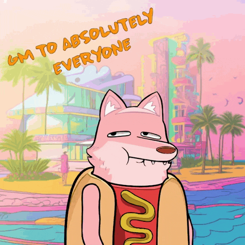a cartoon of a dog holding a hot dog with the words gm to absolutely everyone above it