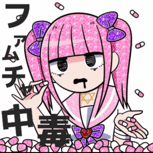 a cartoon of a girl with pink hair and purple bows holding pills
