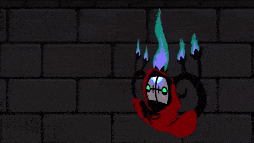 a cartoon character with a red hood and a blue flame coming out of its head .