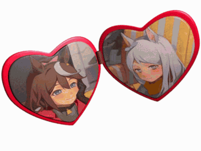 a pair of heart shaped mirrors with a picture of a girl and a horse on them