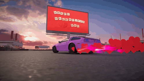 a purple car is drifting in front of a billboard that says happy valentine 's day