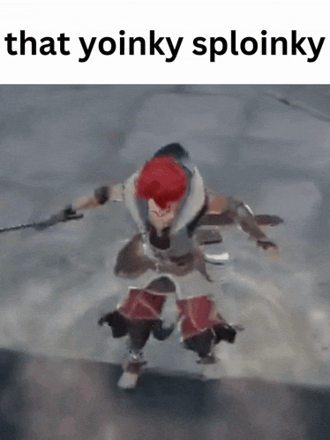 a person with red hair is holding a sword in a video game and dancing .