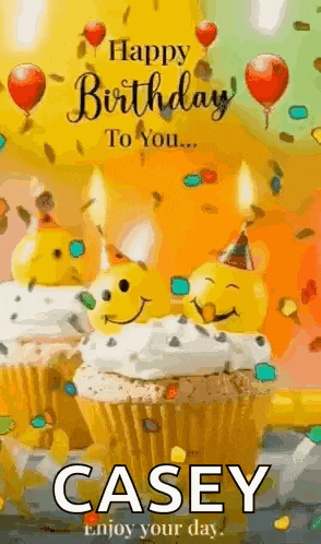 a happy birthday greeting card with cupcakes and candles .