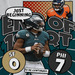 a football player holding a ball with the words just beginning in the background