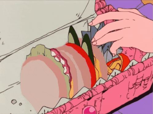 a cartoon drawing of a person putting a sandwich in a pink box