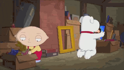 a cartoon character named stewie griffin stands next to a white bear