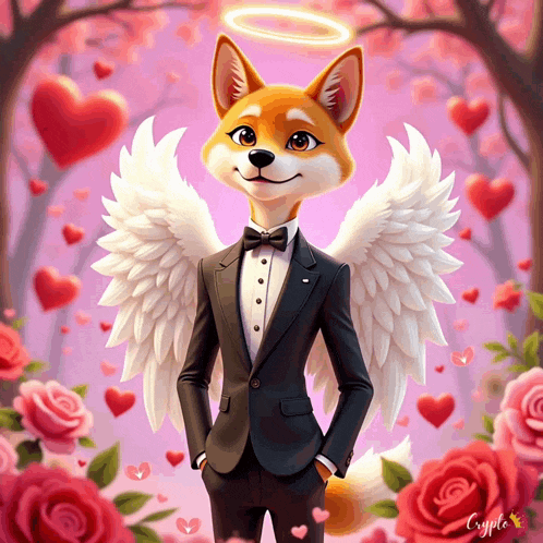 a fox wearing a tuxedo with angel wings and a halo