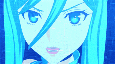 a close up of a girl with blue hair