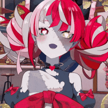 a drawing of a girl with red and white hair and a heart on her chest