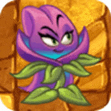 a purple flower with green leaves is standing in front of a wall .