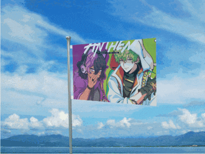 a tinyhem flag is flying in the wind with mountains in the background