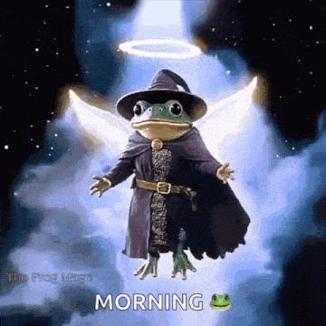 a frog dressed as a wizard with wings and a halo on its head says morning