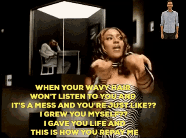 a woman in a zebra print dress points at a man