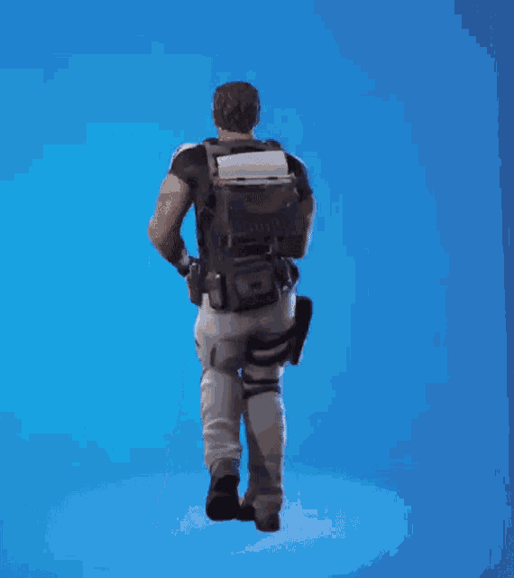 a man is running with a backpack on his back and a blue background behind him .