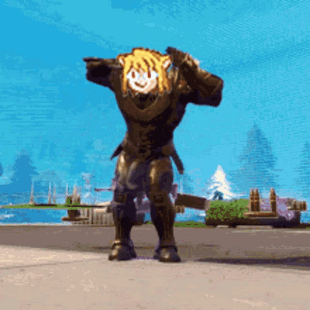 a video game character is dancing with a tiger head on his head