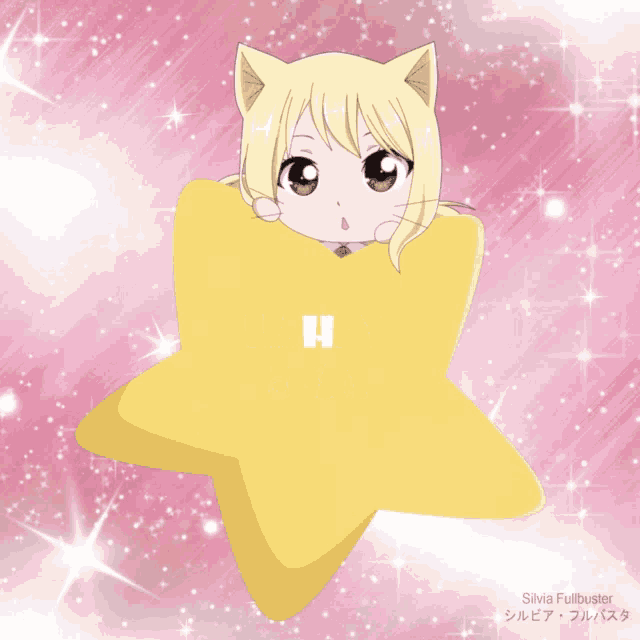a happy b-day greeting card with a cat girl on a star