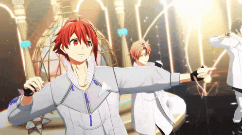 a group of anime characters are dancing in a room with a dome in the background .