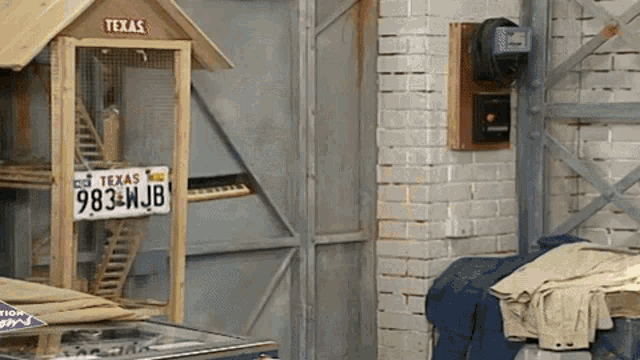 a bird cage with a texas license plate 983wjb