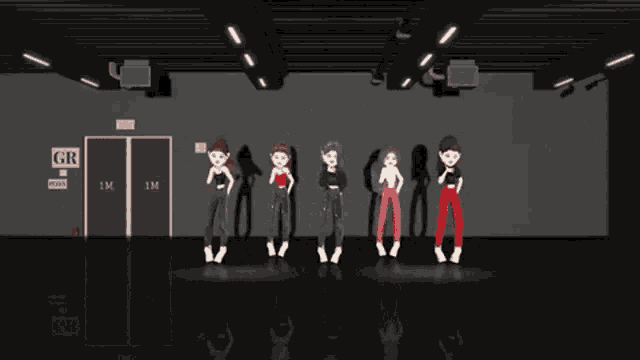 a group of girls are dancing in front of a door that says gr room