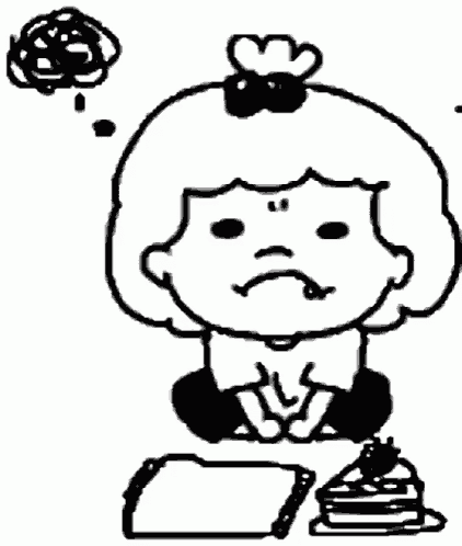 a black and white drawing of a cartoon character sitting next to a piece of cake .