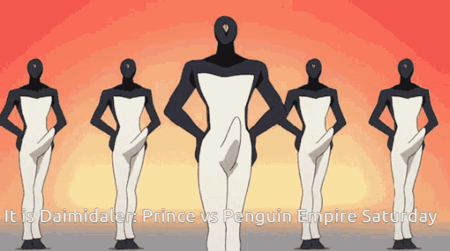 a group of penguins standing next to each other with the words it 's daimidale ' prince vs penguin empire saturday