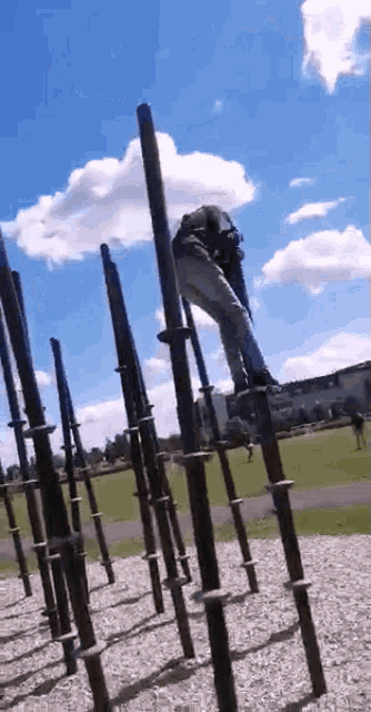 a person is standing on a set of poles in a park