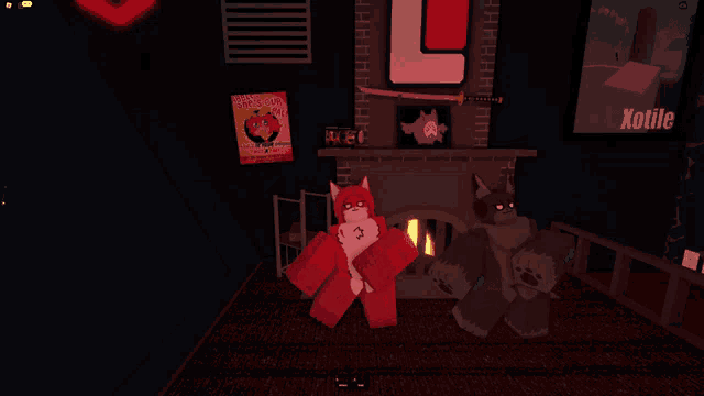 two cartoon characters are standing in front of a fireplace with a kotile poster on the wall behind them
