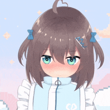 a girl with brown hair and blue eyes is wearing a jacket that says cd on it