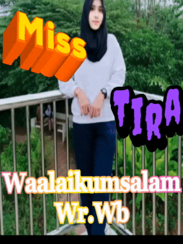 a woman wearing a hijab is standing on a balcony with the words miss tira waalaikumsalam wr.wb above her