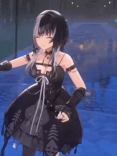 a girl in a black dress is dancing in a video game .