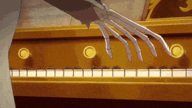 a skeleton hand is playing a piano with a sheet music in the background