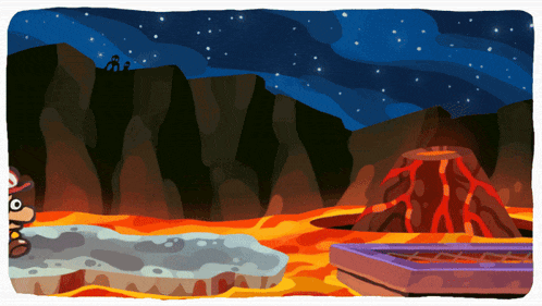 a cartoon drawing of a volcano with a monkey in the foreground
