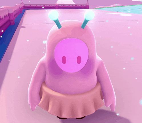a cartoon character with a pink face and blue horns on its head