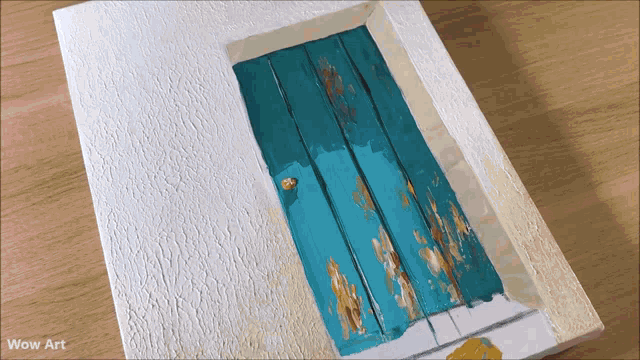 a painting of a blue door on a white wall with wow art written in the corner