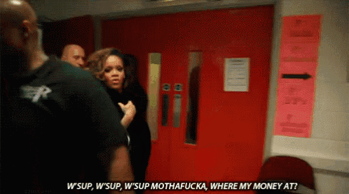 a woman talking to a man in front of a red door with the words " wsup wsup mothafucka where my money at "