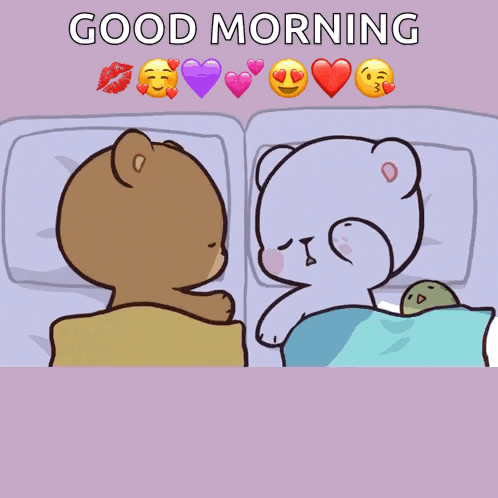 a cartoon of two teddy bears in bed with the words good morning written above them