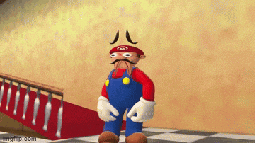 a cartoon character with a mustache and overalls is standing in front of stairs .