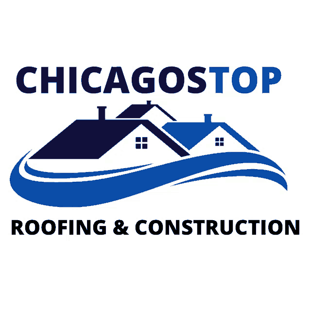 a logo for chicagostop roofing and construction with houses and waves