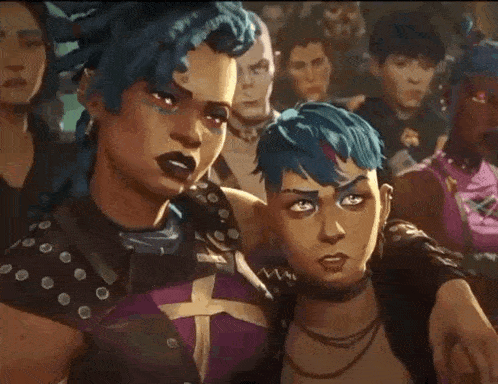 two cartoon characters are standing next to each other in a crowd of people .
