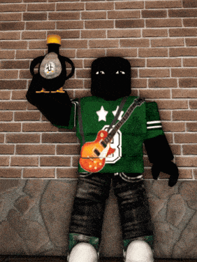 a person in a green shirt with the number 3 on it is holding a guitar and a bottle