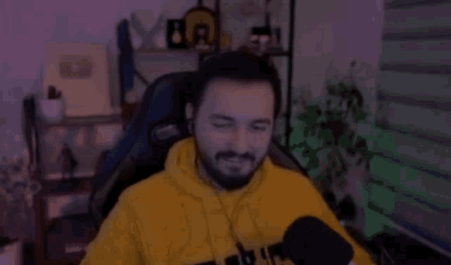 a man with a beard is sitting in a chair with a microphone .