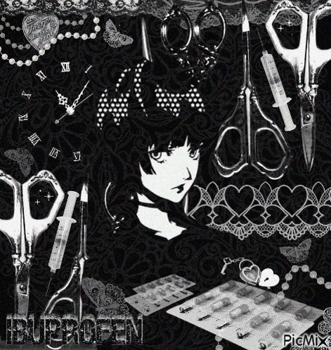 a black and white collage of scissors pills and a clock with the word ibubbeen on the bottom
