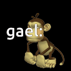 a cartoon monkey is waving with the word gael behind him
