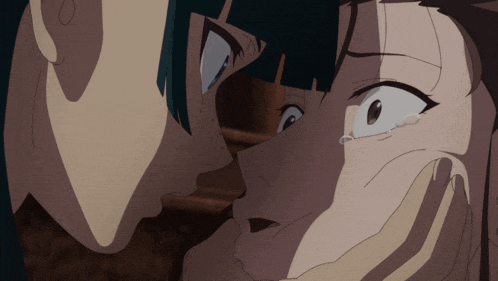 a close up of two anime characters kissing