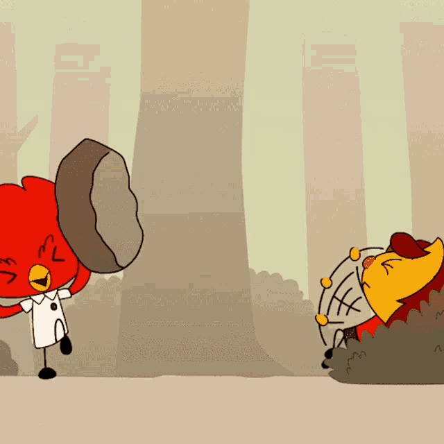 a cartoon drawing of a bird holding a rock