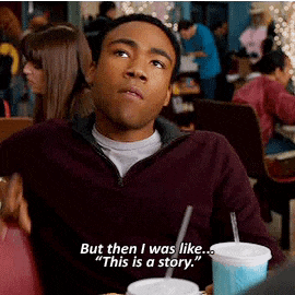 a man is sitting at a table drinking a drink and saying " but then i was like this is a story "